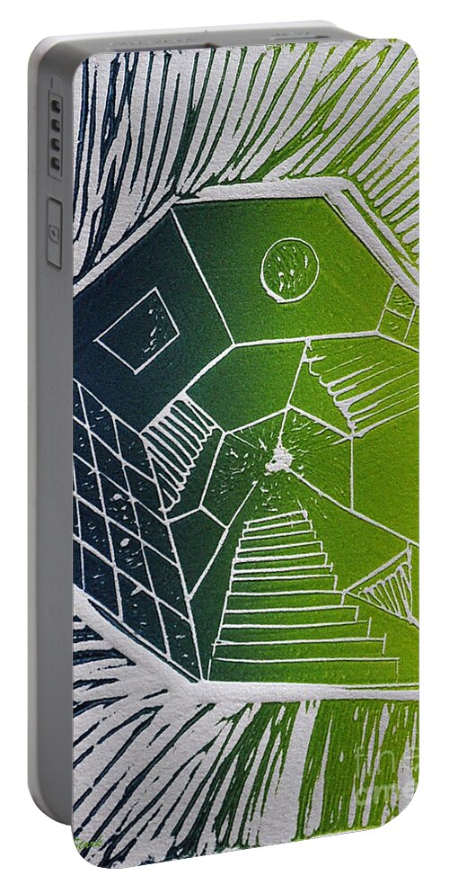 Linocut Portable Battery Charger featuring the mixed media A New Dimension blue and green linocut by Verana Stark