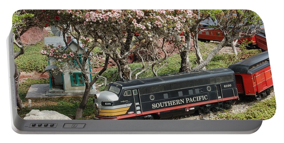 Linda Brody Portable Battery Charger featuring the photograph A Passenger Train Passes by Farm House by Linda Brody