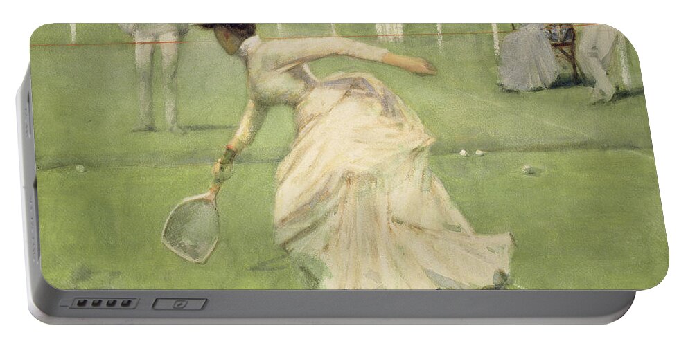 Tennis Game Portable Battery Charger featuring the drawing A Rally, 1885 by John Lavery