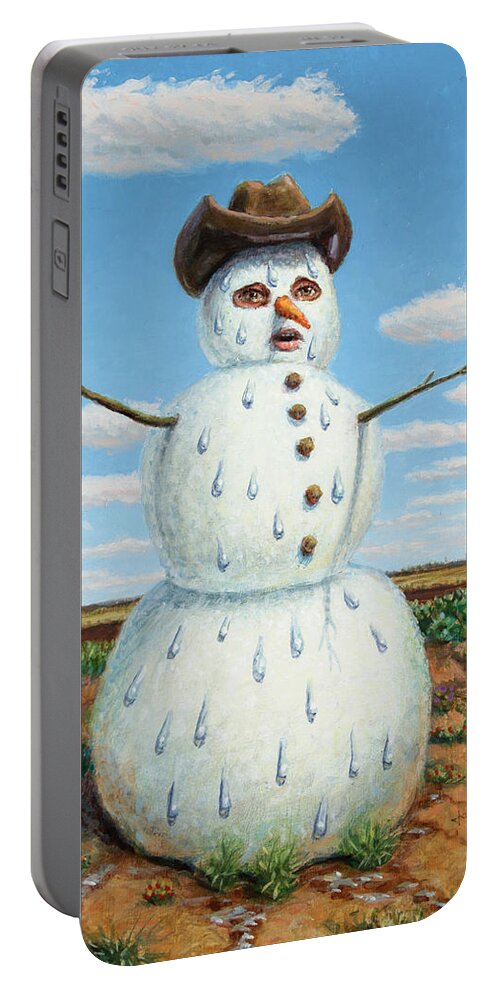 Snowman Portable Battery Charger featuring the painting A Snowman in Texas by James W Johnson
