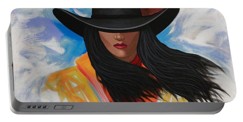 Cowgirl Portable Battery Charger featuring the painting A Stroke Of Cowgirl by Lance Headlee