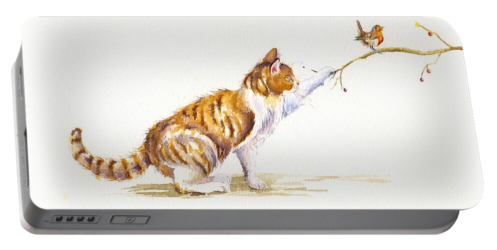Cat Portable Battery Charger featuring the painting A Winter's Tale - Tabby Cat by Debra Hall