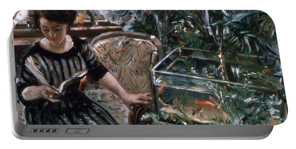 Goldfish Portable Battery Charger featuring the painting A Woman Reading near a Goldfish Tank by Lovis Corinth
