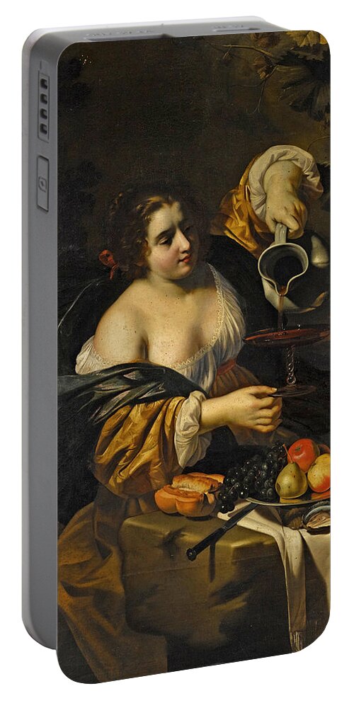 Nicolas Regnier Portable Battery Charger featuring the painting A young woman pouring red wine from a pitcher into a glass by Nicolas Regnier
