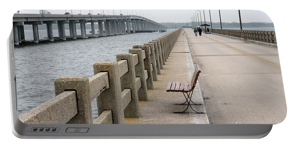 Bench Portable Battery Charger featuring the photograph Abandoned Old Bridge Alongside Newer Bridge over Choptank River at Cambridge Maryland by William Kuta