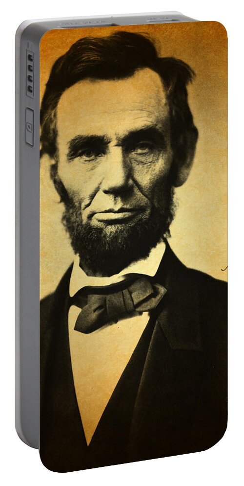 President Abraham Lincoln Portrait Signature Portable Battery Charger featuring the photograph Abraham Lincoln Portrait and Signature by Design Turnpike