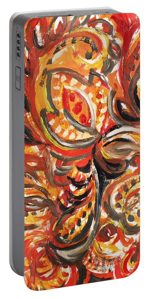 Abstract Portable Battery Charger featuring the painting Abstract Floral khokhloma Warm Twirl by Irina Sztukowski