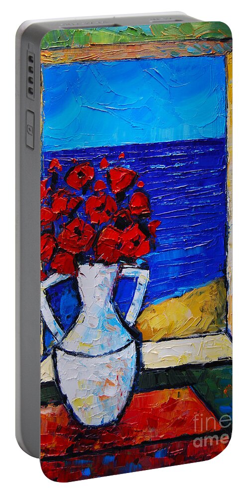 Abstract Poppies By The Sea Portable Battery Charger featuring the painting Abstract Poppies By The Sea by Mona Edulesco