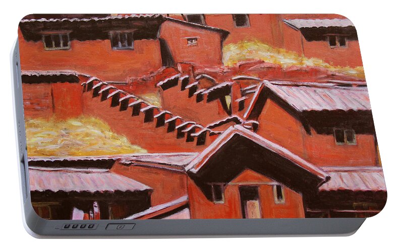 Landscape Portable Battery Charger featuring the painting Adobe Village - Peru Impression II by Xueling Zou