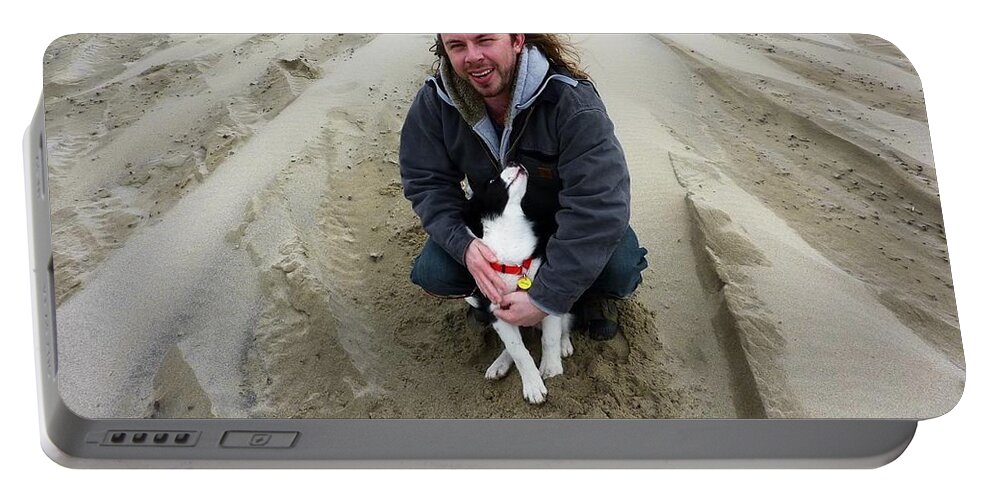Dog And Master On The Beach Portable Battery Charger featuring the photograph Adoring Look by Susan Garren