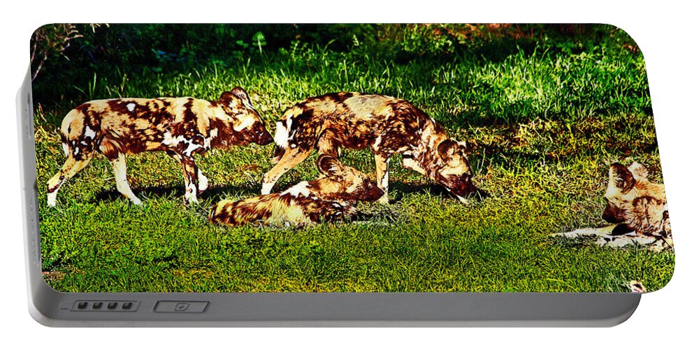 #african Wild Dog Portable Battery Charger featuring the photograph African wild dog family by Miroslava Jurcik