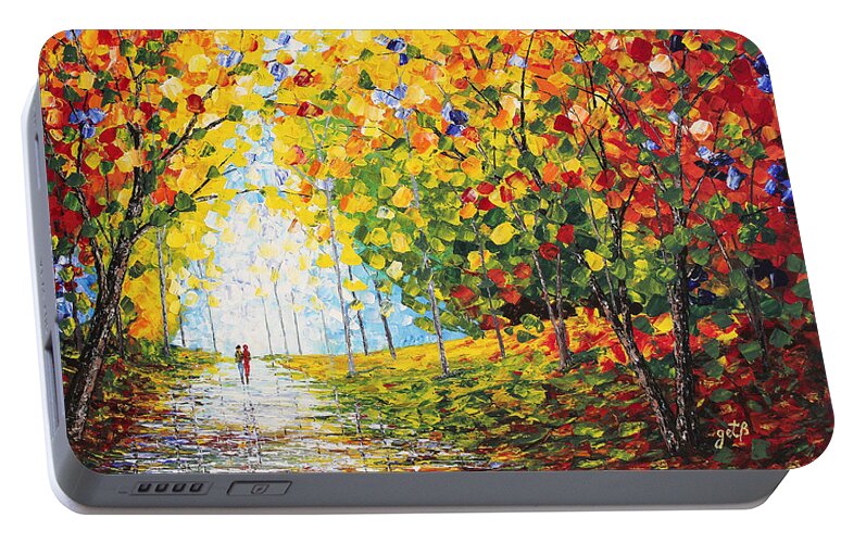 Autumn Colors Portable Battery Charger featuring the painting After Rain Autumn Reflections acrylic palette knife painting by Georgeta Blanaru