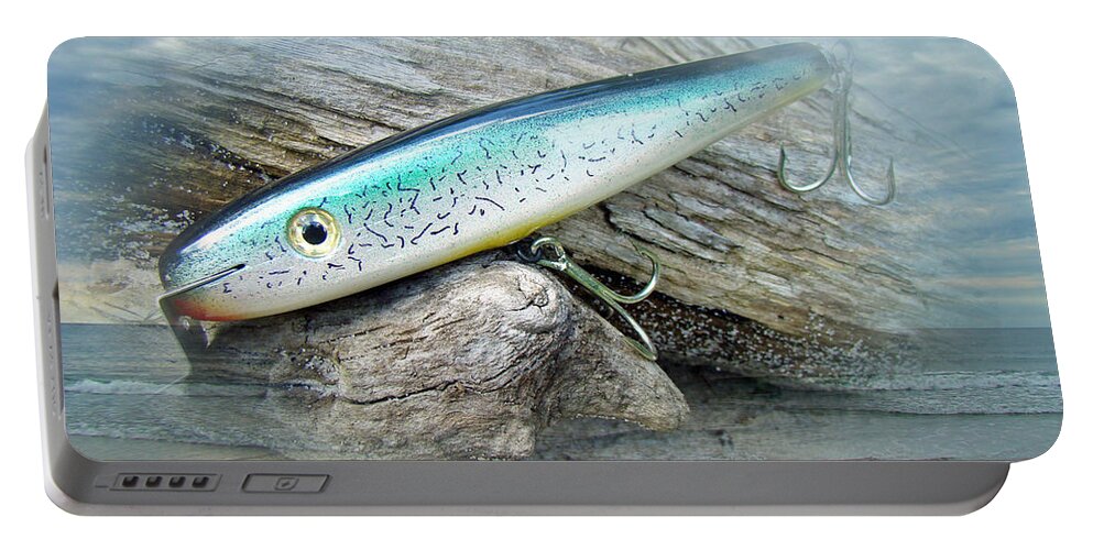 Fishing Portable Battery Charger featuring the photograph AJS Baby Weakfish Saltwater Swimmer Fishing Lure by Carol Senske