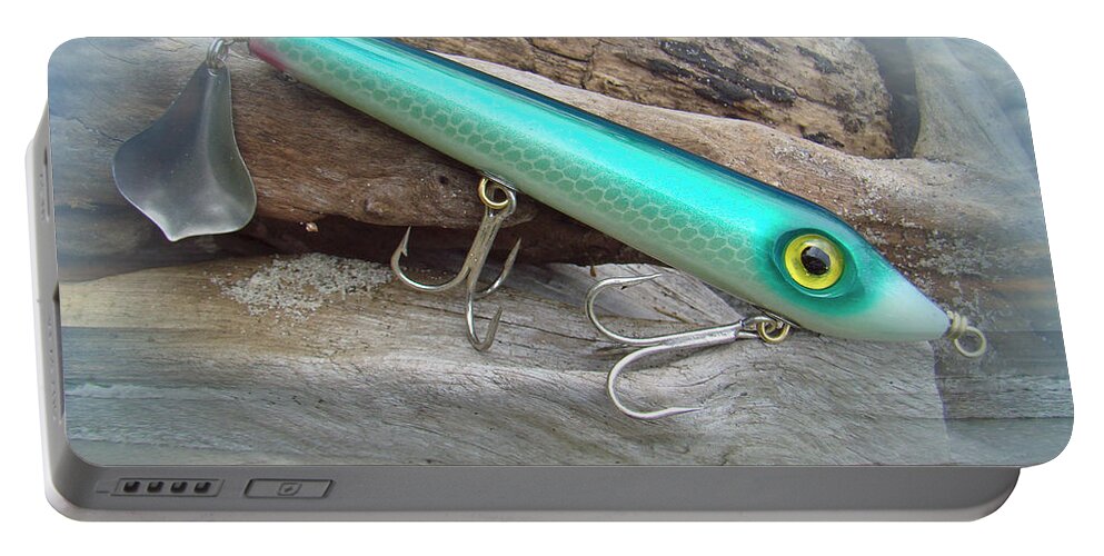 Fishing Portable Battery Charger featuring the photograph AJS Green Serpent Flaptail Saltwater Lure by Carol Senske