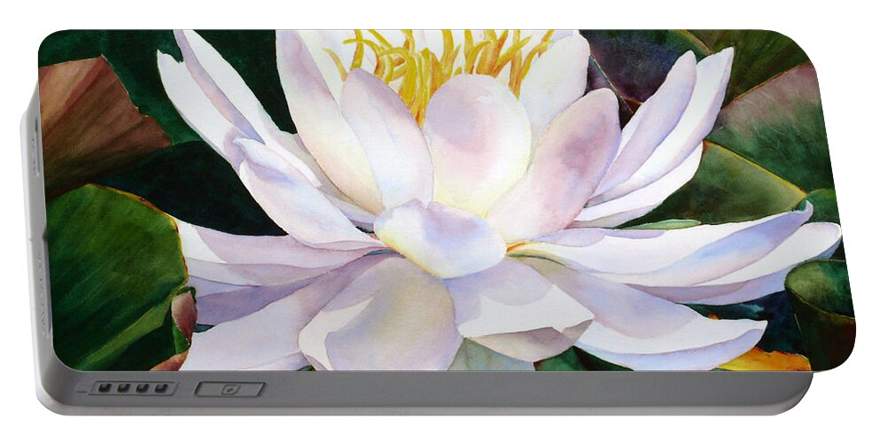 White Portable Battery Charger featuring the painting Alba Flora by Karen Mattson