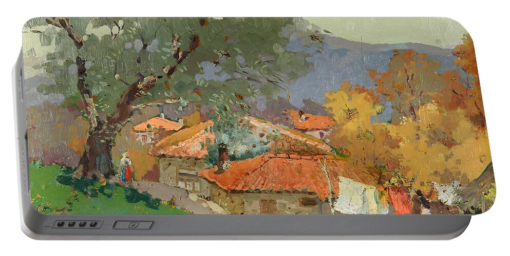 Albanian Countryside Portable Battery Charger featuring the painting Albanian Countryside by Ylli Haruni