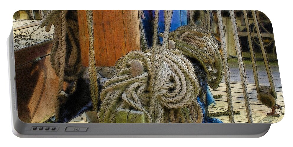 Boat Portable Battery Charger featuring the digital art All tied up by Ron Harpham