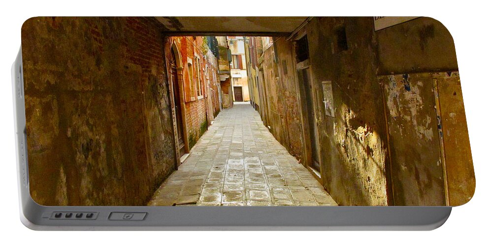 Venice Italy Alley Alleyway Sunlight Soft Sun Rainbow Peace Solitude Walking Sunray Italian Sign Stone Wall Square Rectangle Spiral Portable Battery Charger featuring the photograph Alley in a Box by Lexi Heft