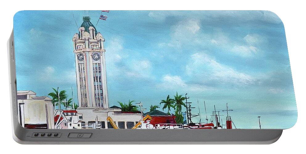 Aloha Portable Battery Charger featuring the painting Aloha Tower by Larry Geyrozaga
