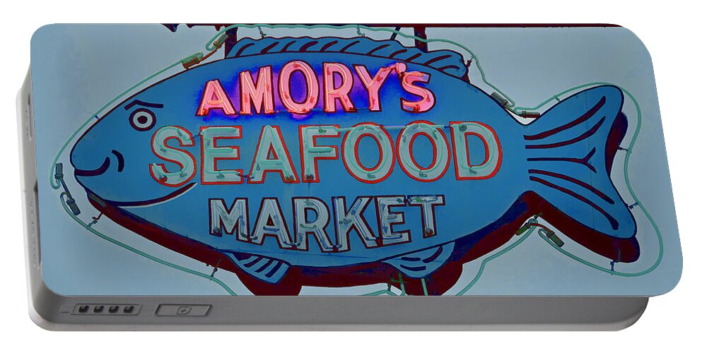 Amory Portable Battery Charger featuring the photograph Amory Seafood Sign by Jerry Gammon