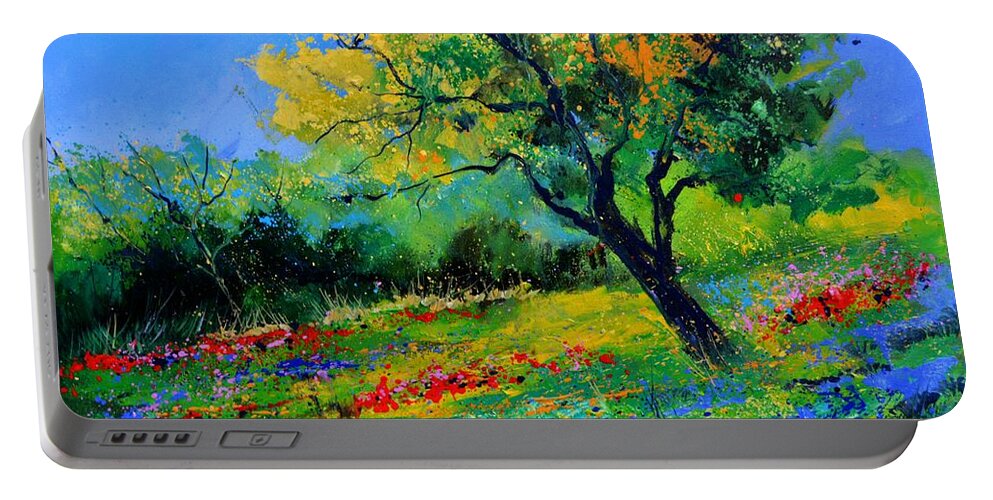 Landscape Portable Battery Charger featuring the painting An oak amid flowers in Texas by Pol Ledent
