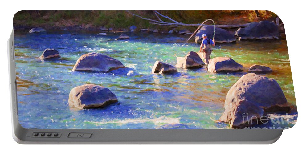 River Portable Battery Charger featuring the painting Animas River Fly Fishing by Janice Pariza