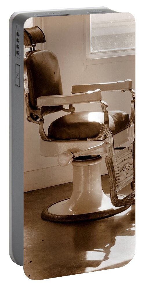 Sepia Portable Battery Charger featuring the photograph Antiquated Barber Chair in Sepia by Mary Deal