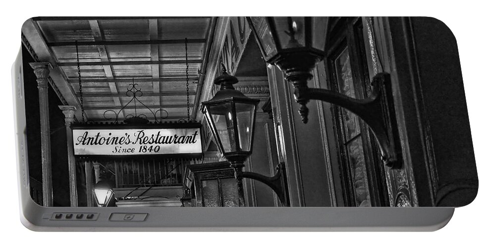 Antoines Portable Battery Charger featuring the photograph Antoine's Restaurant New Orleans Monochrome by Kathleen K Parker