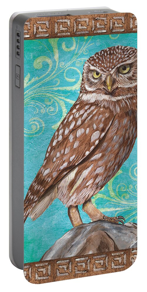 Owl Portable Battery Charger featuring the painting Aqua Barn Owl by Debbie DeWitt