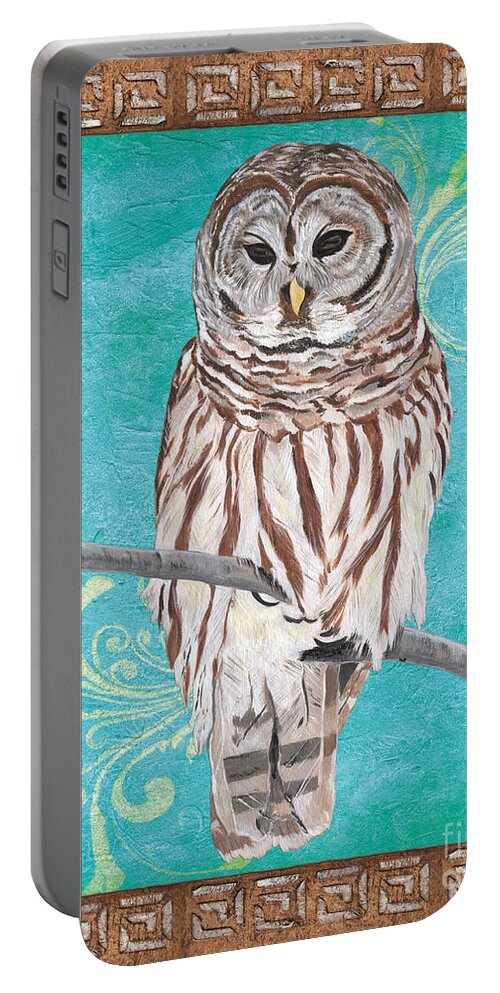 Owl Portable Battery Charger featuring the painting Aqua Barred Owl by Debbie DeWitt