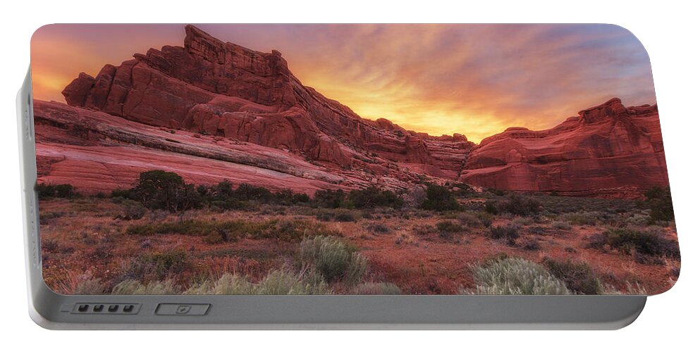 Sunset Portable Battery Charger featuring the photograph Arches Fire in the Sky by Darren White