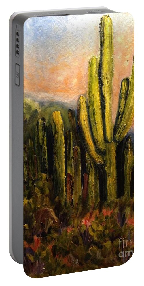 Landscape Portable Battery Charger featuring the painting Arizona Desert Blooms by Sherry Harradence