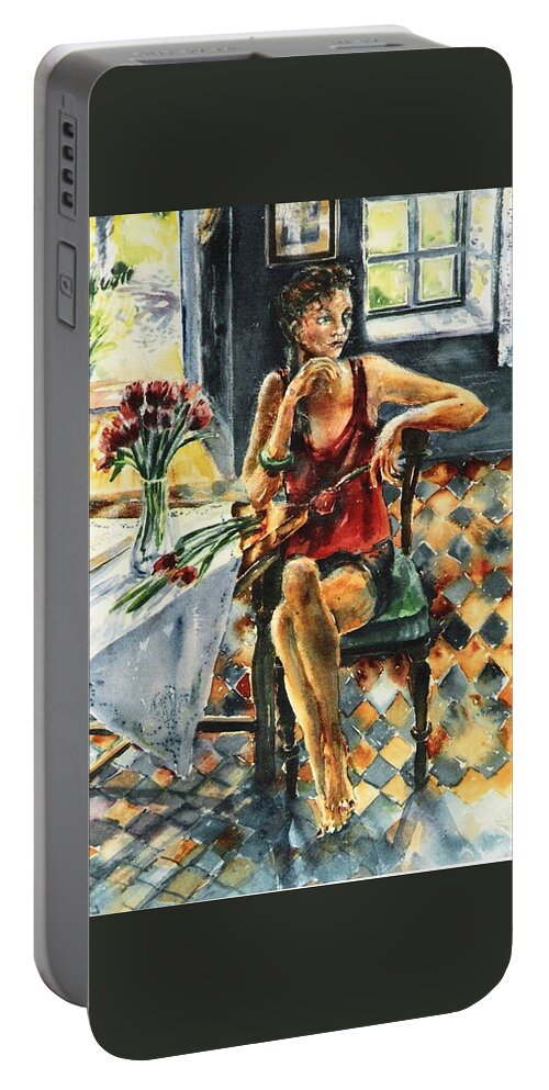 Spring Sunshine Portable Battery Charger featuring the painting Arranging Red Tulips  by Trudi Doyle