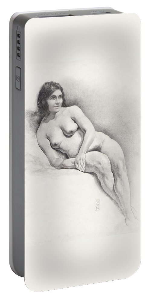 Female Nude Portable Battery Charger featuring the drawing Art Model Lounging on Her Right Side by Scott Kirkman