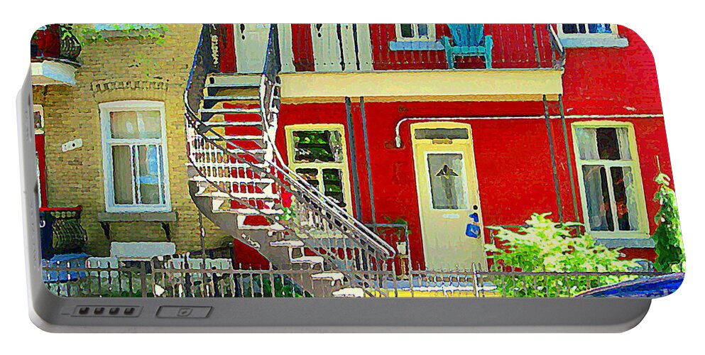 Montreal Portable Battery Charger featuring the painting Art Of Montreal Upstairs Porch With Summer Chair Red Triplex In Verdun City Scene C Spandau by Carole Spandau
