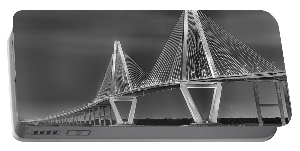 Ravenel Bridge Portable Battery Charger featuring the photograph Arthur Ravenel Jr. Bridge In Black And White by Adam Jewell