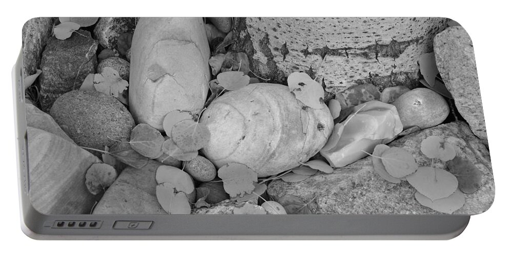 Aspen Portable Battery Charger featuring the photograph Aspen Leaves on the Rocks - black and white by Dorrene BrownButterfield
