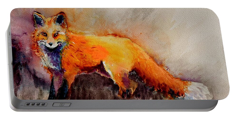 Fox Portable Battery Charger featuring the painting Assessing the Situation by Beverley Harper Tinsley