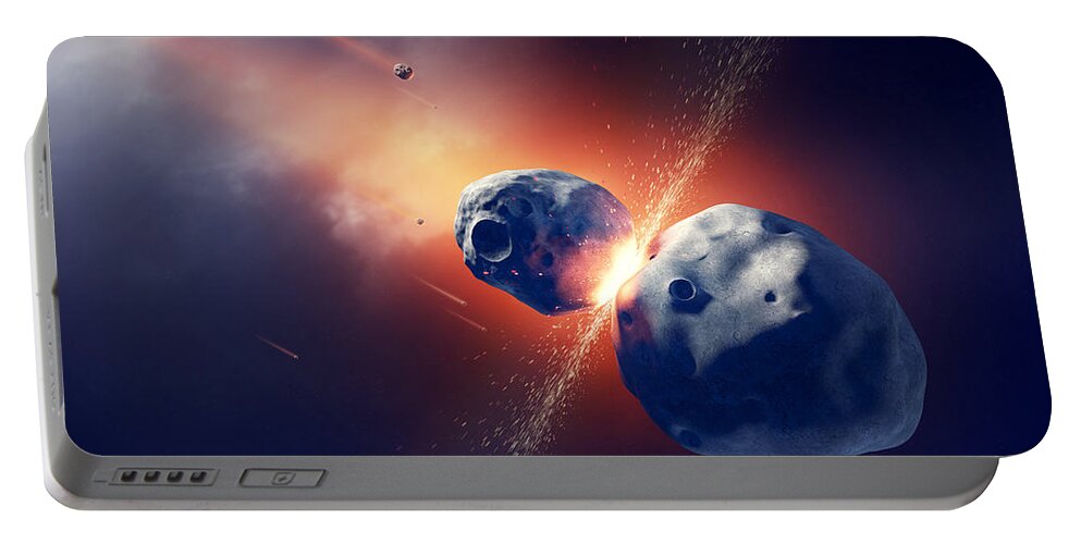 Asteroid Portable Battery Charger featuring the photograph Asteroids collide and explode in space by Johan Swanepoel