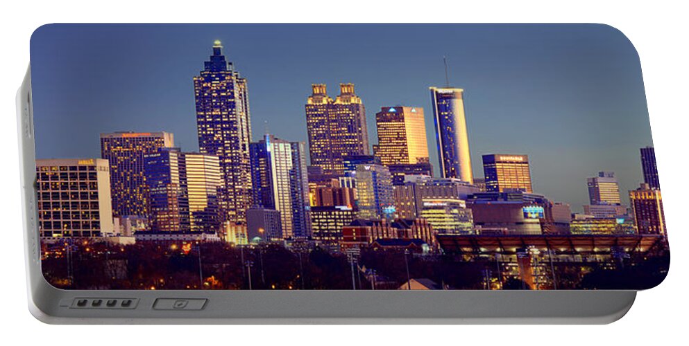 Atlanta Portable Battery Charger featuring the photograph Atlanta Skyline at Dusk Downtown Color Panorama by Jon Holiday