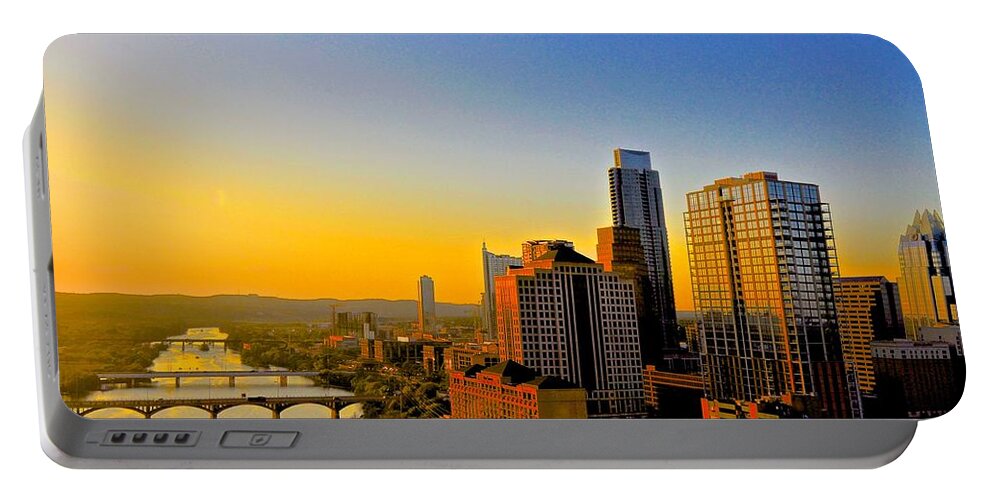 Austin Texas Pillow Portable Battery Charger featuring the photograph Austin's Golden Skyline by Kristina Deane