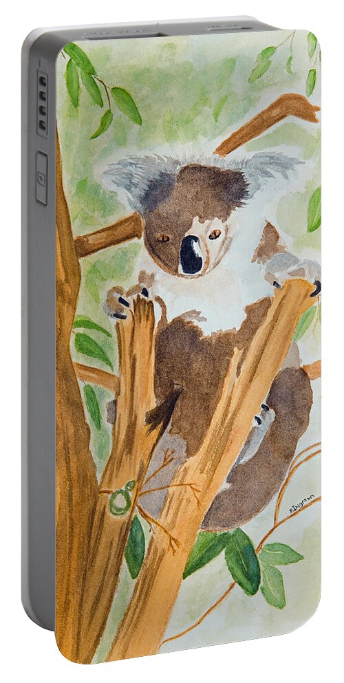 Animal Portable Battery Charger featuring the painting Koala in a gum tree by Elvira Ingram
