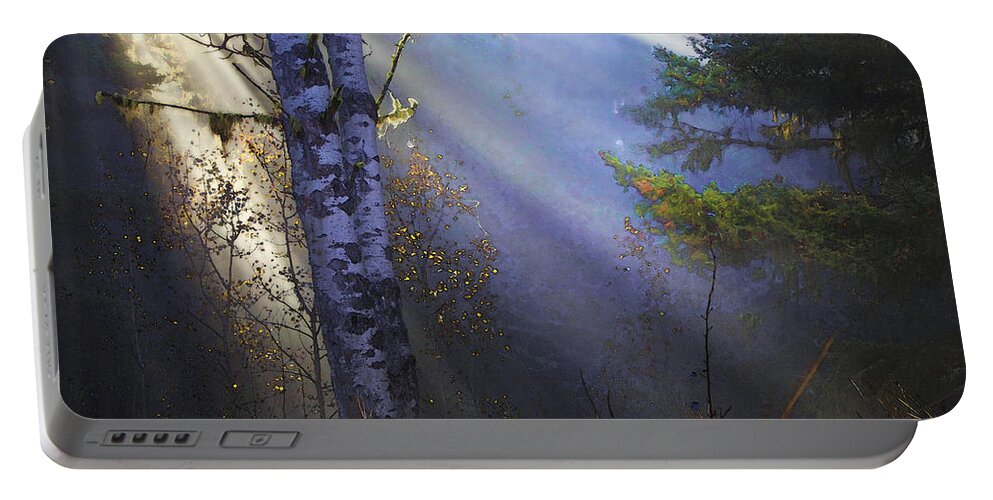Fantasy Forest Portable Battery Charger featuring the photograph Autumn Fog With Sun Rays by Theresa Tahara