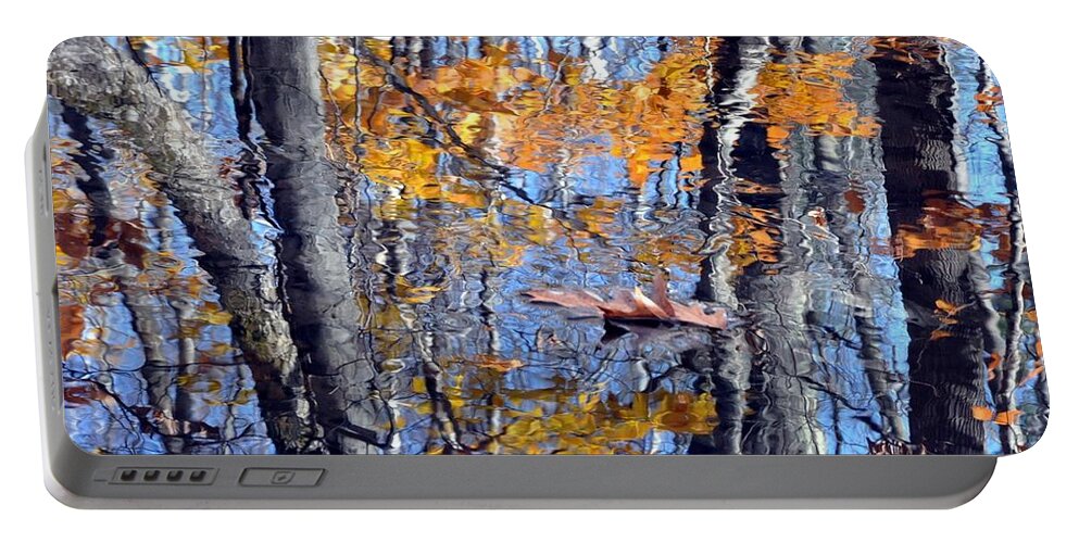 Autumn Portable Battery Charger featuring the photograph Autumn Reflection with Leaf by Phyllis Meinke