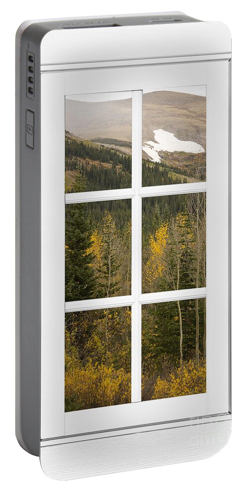 Windows Portable Battery Charger featuring the photograph Autumn Rocky Mountain Glacier View Through a White Window Frame by James BO Insogna