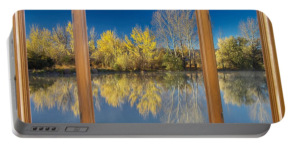 Windows Portable Battery Charger featuring the photograph Autumn Water Reflection Classic Wood Window View by James BO Insogna