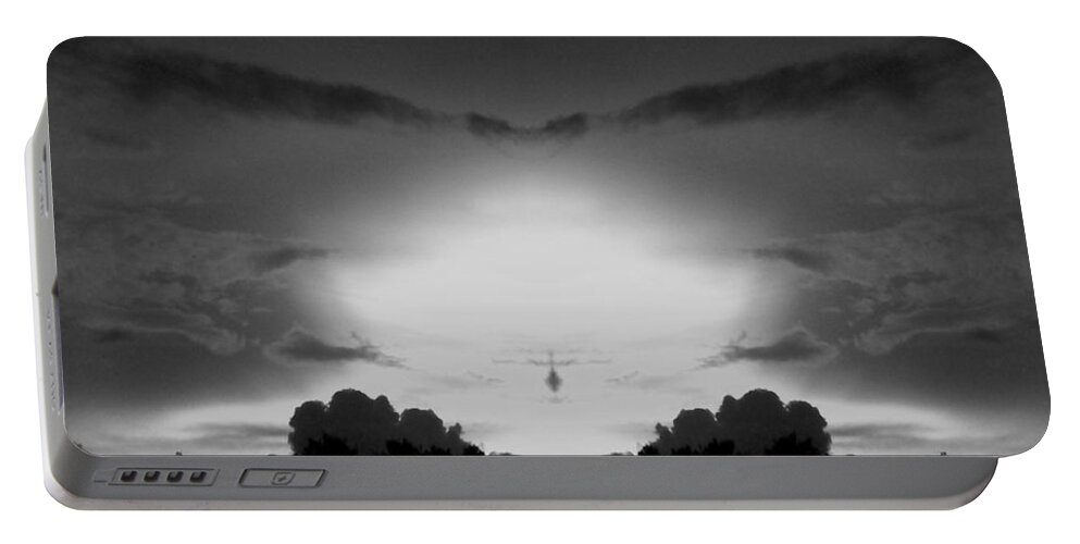 #stormy #sky #helicopter #trees #shadows #greys #blackwhite #digitalart #art #hooah Portable Battery Charger featuring the photograph Helicopter In The Stormy Sky by Belinda Lee