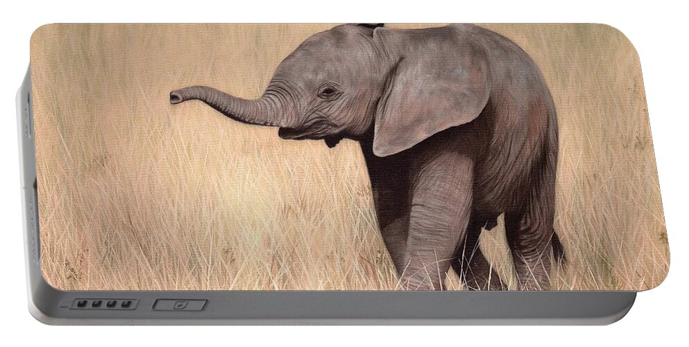 Elephant Calf Portable Battery Charger featuring the painting Elephant Calf Painting by Rachel Stribbling