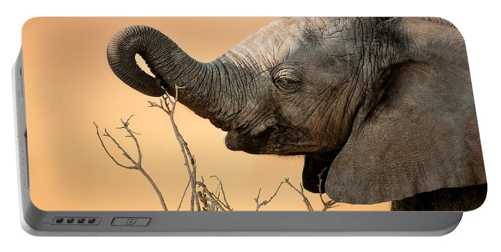 Elephant Portable Battery Charger featuring the photograph Baby elephant reaching for branch by Johan Swanepoel