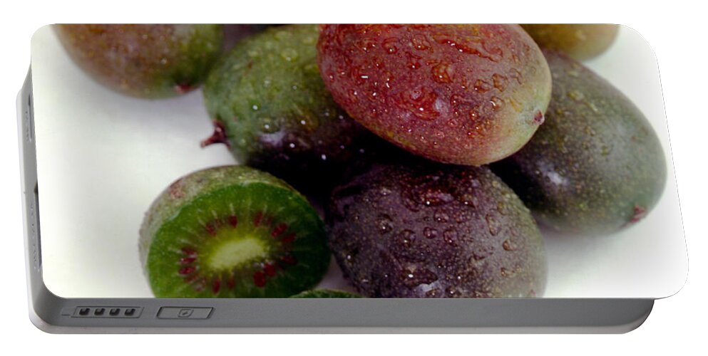 Food Portable Battery Charger featuring the photograph Baby Kiwi with Text by Iris Richardson